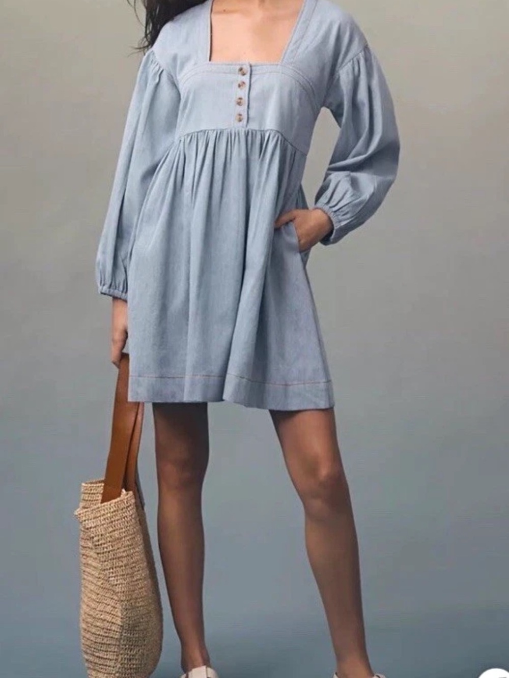 Square-Neck Light Blue Mini Babydoll Dress with Button Detail
